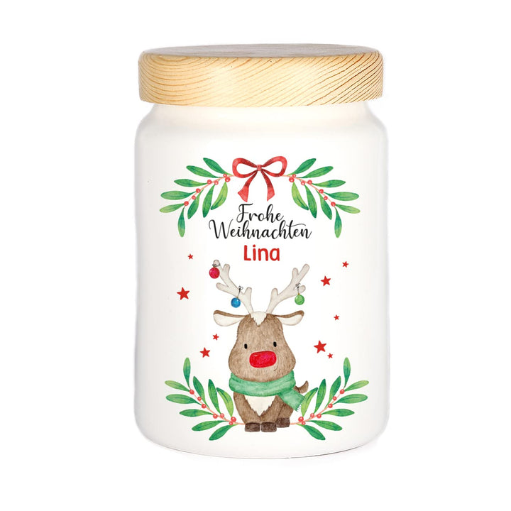 Herz & Heim® Keksdose personalisiert mit Ihrem Wunschnamen zu Weihnachten für Ihre Plätzchen (Elch),