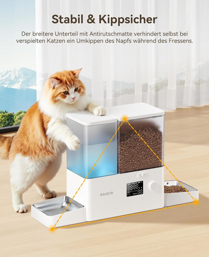 Rojeco 2-in-1 Futterautomat und Wasserspender, 5L Trockenfutter Automat für Katzen mit 3.5L Wasserta