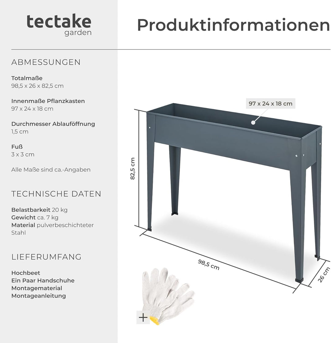 tectake 800782 Hochbeet Metall, stabil, wetterfest und pflegeleicht, 98,5x26x82,5cm, praktische Abla