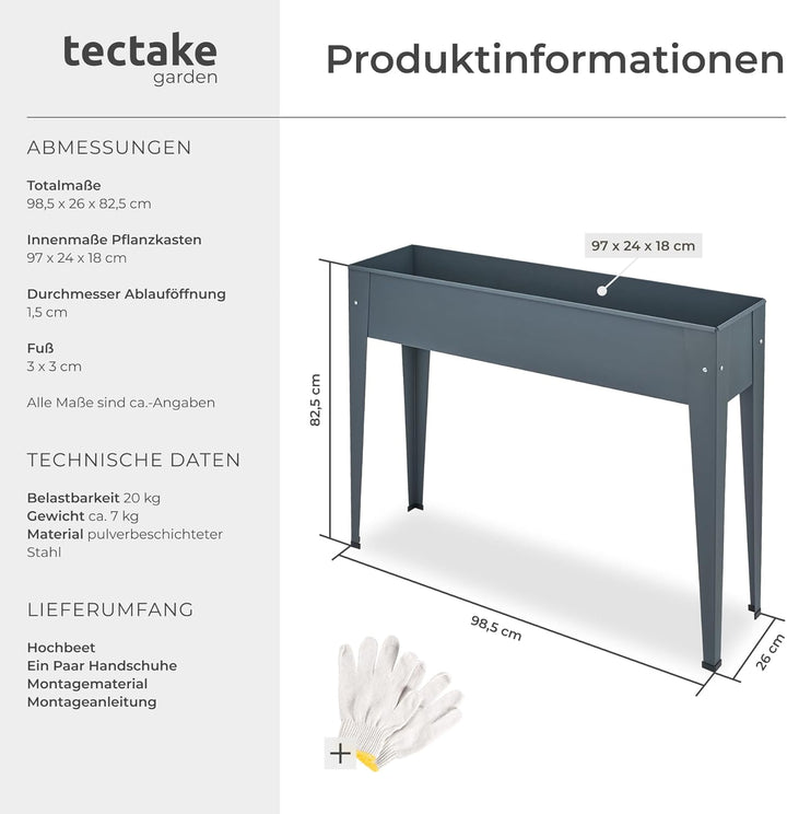 tectake 800782 Hochbeet Metall, stabil, wetterfest und pflegeleicht, 98,5x26x82,5cm, praktische Abla