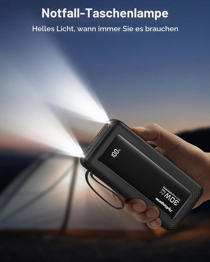 Powerbank 27000mAh mit 4 integrierten Kabel, 30W USB C Schnellladefunktion Schwarz 27000mAh, Schwarz