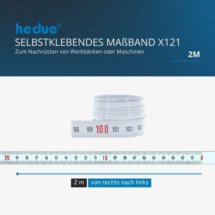 hedue® selbstklebendes Massband 2 m X121 - Massband selbstklebend , von rechts nach links