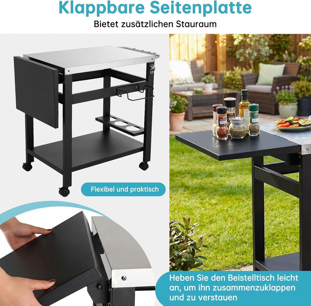 LIFERUN Grillwagen mit Klappbarem Beistelltisch, Robuster Grilltisch mit Edelstahl Tischplatte, 2-Eb