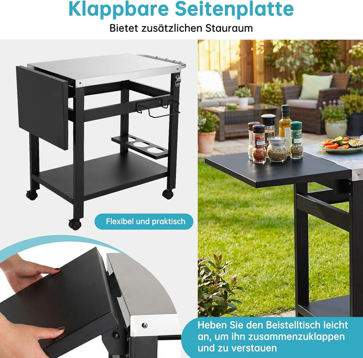 LIFERUN Grillwagen mit Klappbarem Beistelltisch, Robuster Grilltisch mit Edelstahl Tischplatte, 2-Eb