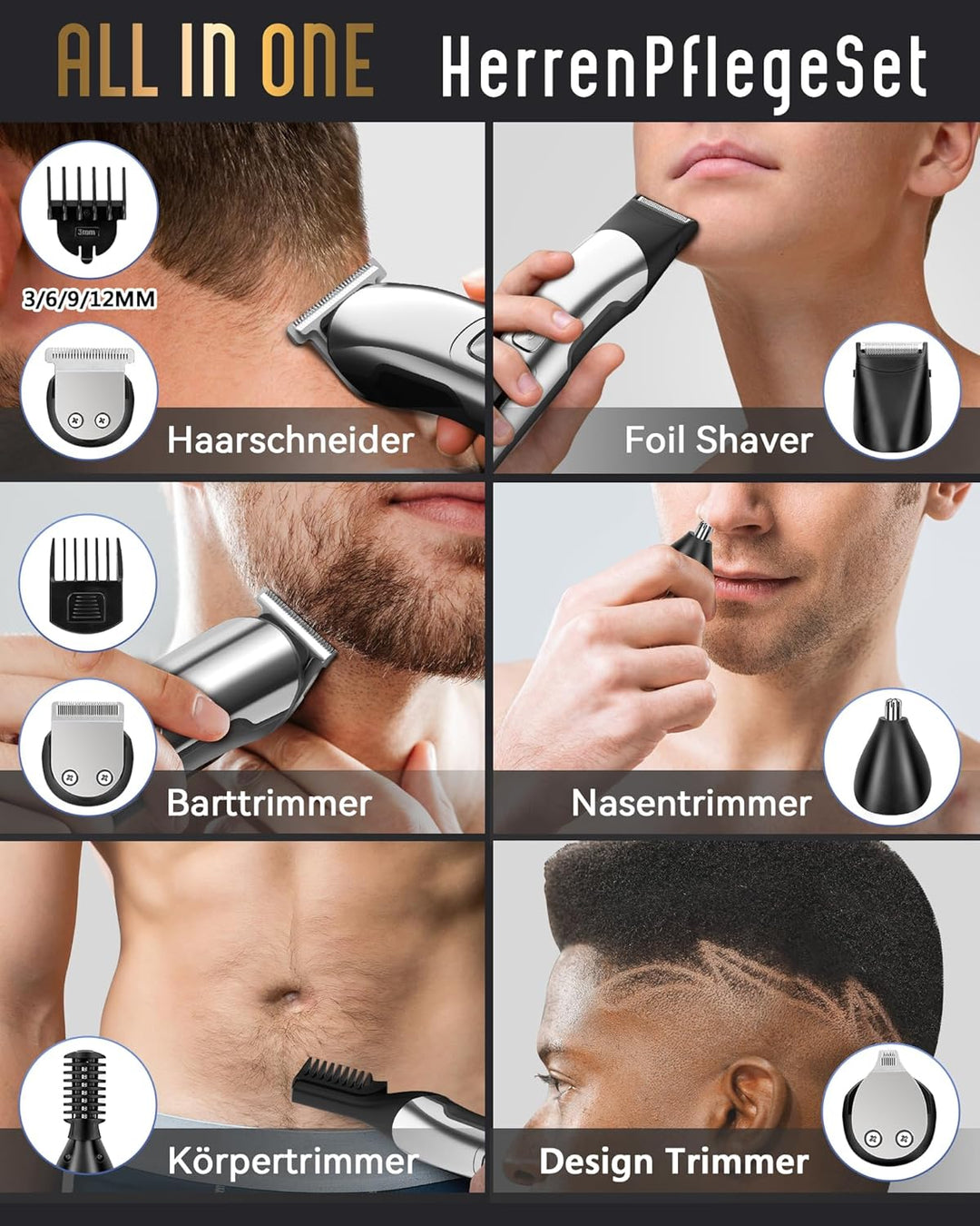 Ufree Barttrimmer Herren, All-in-1 Bartschneider Herren Haarschneidemaschinen für Nase, Körper, Gesi