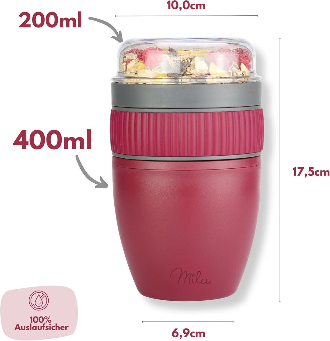 Milu Müslibecher to go 400ml MüsliMax Plastik Joghurtbecher für Müsli I auslaufsicherer Becher mit L