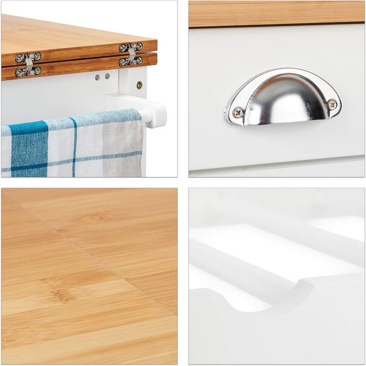 Relaxdays Küchenwagen, Küchenbutler mit klappbarer Arbeitsplatte, Landhausstil, 3 Körbe, Messerblock