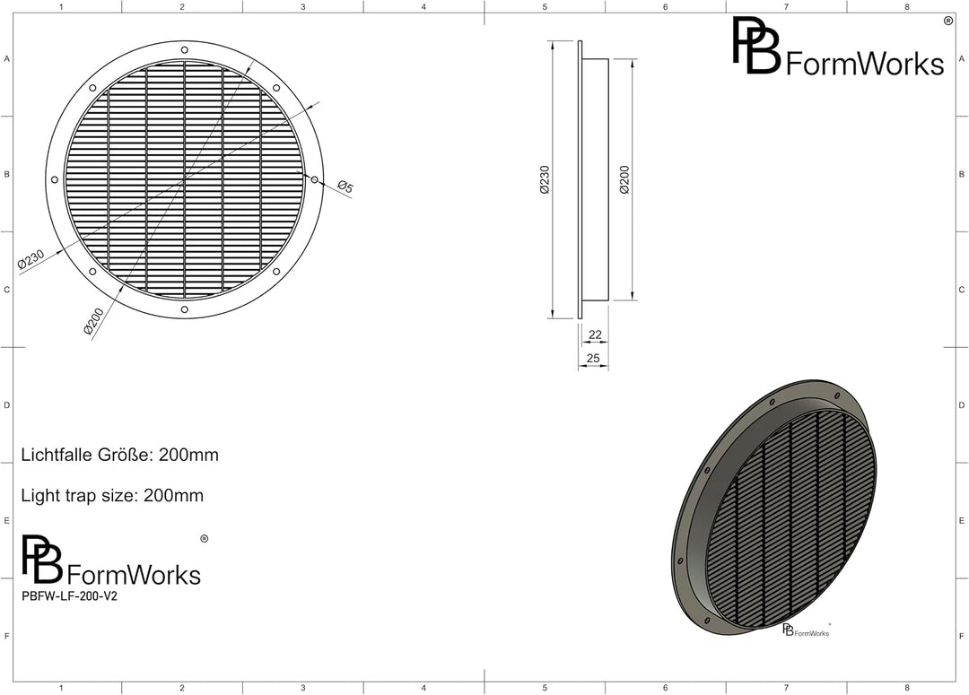 Lichtfalle 200mm Gen 2 lichtdichtes Zuluftgitter für Growbox & Growzelt | Für 200mm Systeme · Schwar