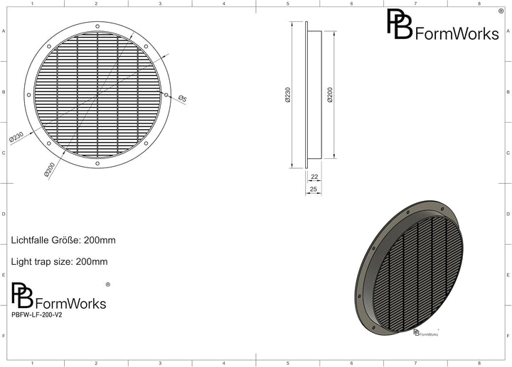 Lichtfalle 200mm Gen 2 lichtdichtes Zuluftgitter für Growbox & Growzelt | Für 200mm Systeme · Schwar