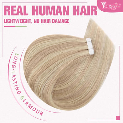 YoungSee 50g Tape Extensions Echthaar Blond Echthaar Extensions Tape Aschblond Highlight Blond Invis