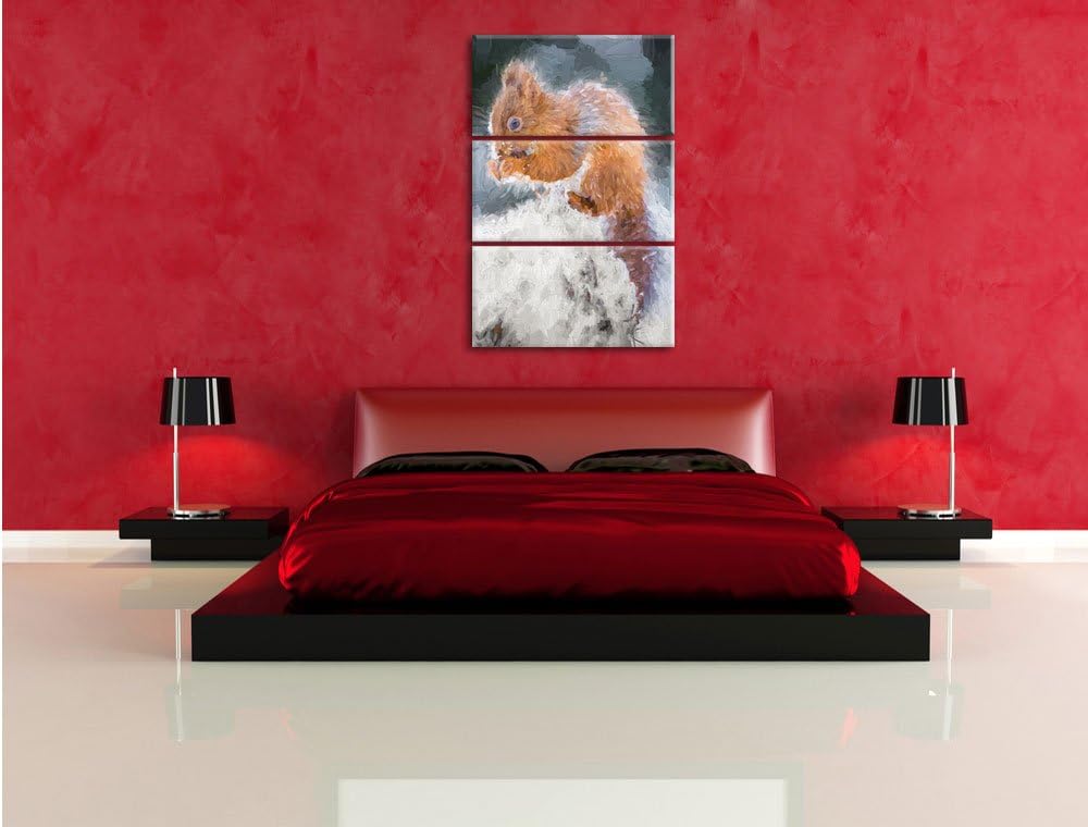 Pixxprint Kleines Eichhörnchen im Winter Pinsel Effekt 3-Teiler Leinwandbild 120x80 Bild auf Leinwan