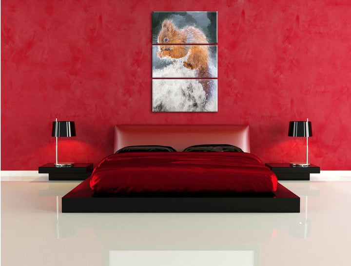 Pixxprint Kleines Eichhörnchen im Winter Pinsel Effekt 3-Teiler Leinwandbild 120x80 Bild auf Leinwan
