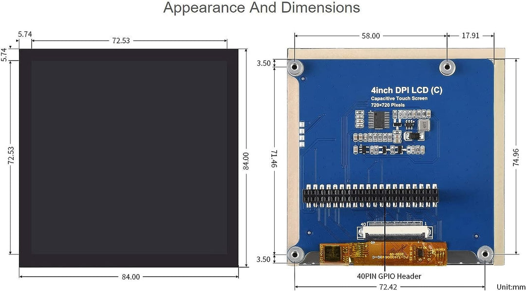 Waveshare 4inch Square Capacitive Touch Screen LCD (C) for Raspberry Pi 720×720 DPI IPS Toughened Gl
