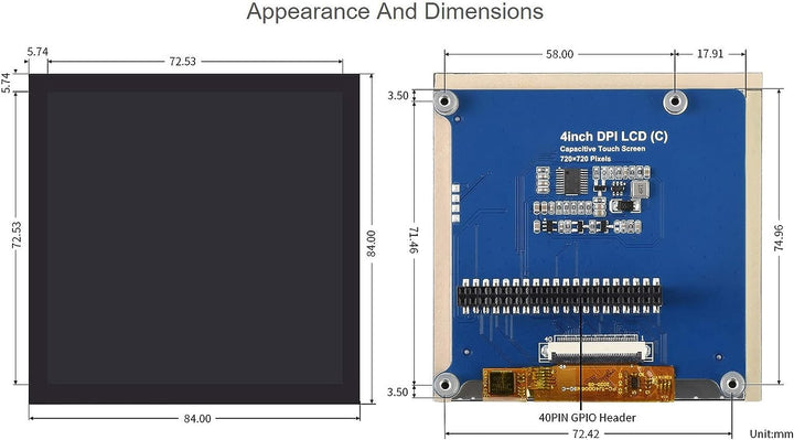 Waveshare 4inch Square Capacitive Touch Screen LCD (C) for Raspberry Pi 720×720 DPI IPS Toughened Gl