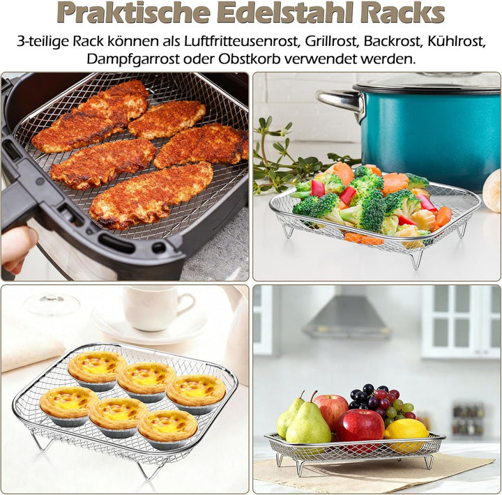 Herogo Heissluftfritteuse Zubehör, 3 Lagig Edelstahl Eckig Frittierkorb Gitter für Heissluftfritteus