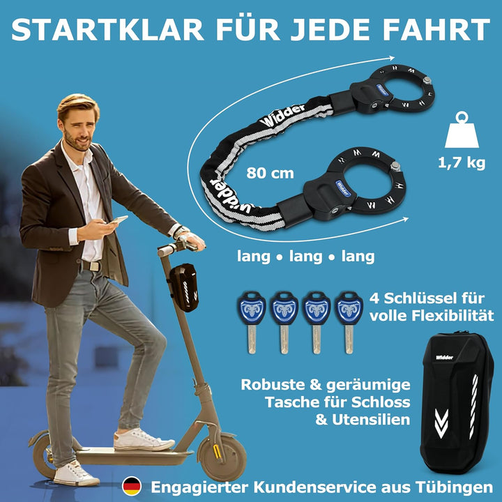 WIDDER Sicheres Handschellenschloss [80cm lang, 4 Schlüssel, 8mm Massiv Stahl] E Scooter Schloss mit