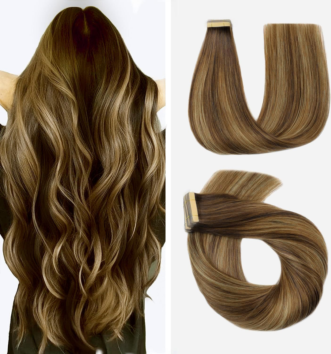 HotLulana Tape Extensions Echthaar Balayage Schokoladenbraun bis Karamellblond(#4/4/27) Extensions E