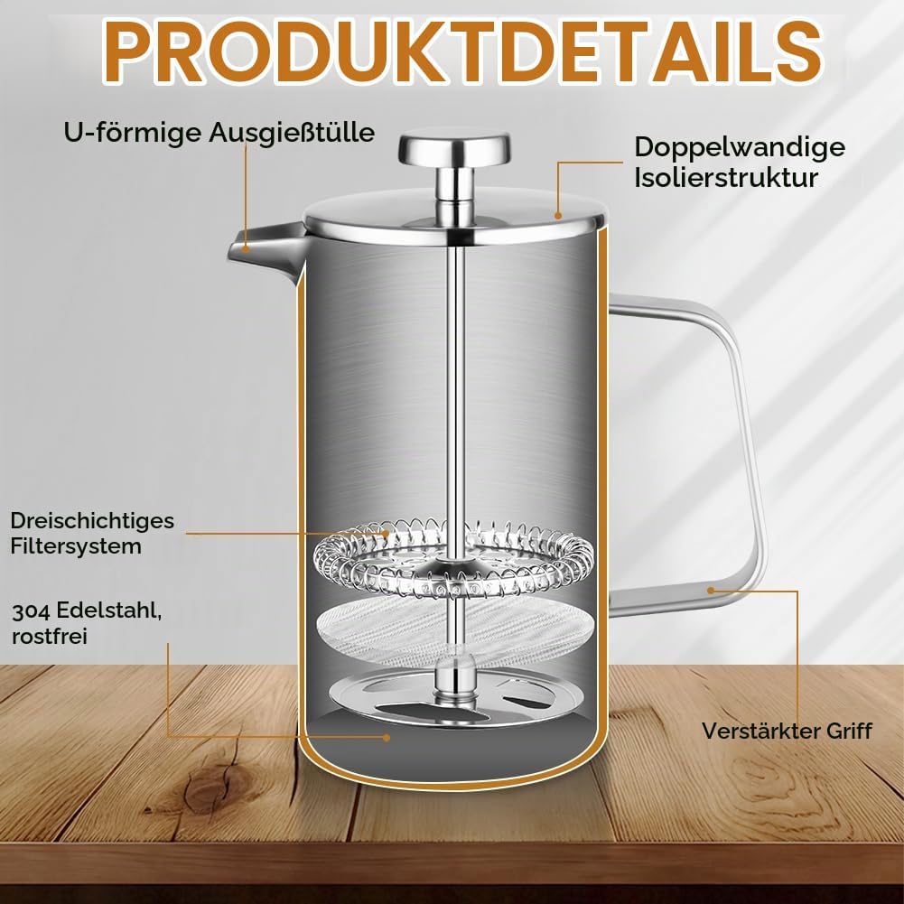 HOTUT French Press Kaffeebereiter, 350 ml Edelstahl Französische Presse mit Löffel, Ersatzfilter, Kl