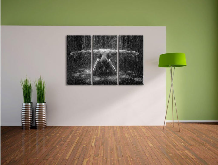 Pixxprint Bodybuilder im Regen Kunst Buntstift Effekt 3-Teiler Leinwandbild 120x80 Bild auf Leinwand