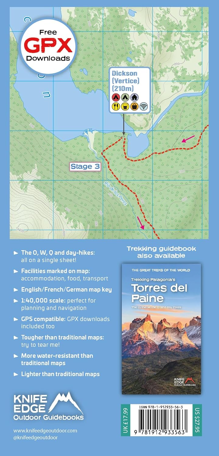 Torres del Paine: Trekking Map:: the O, the W, the Q and day-hikes, Karte