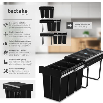 tectake® Abfallsammler, Mülleimer 3 Fächer, Mülltrennsystem Küche, für Schrank, Mülleimer Küche ausz