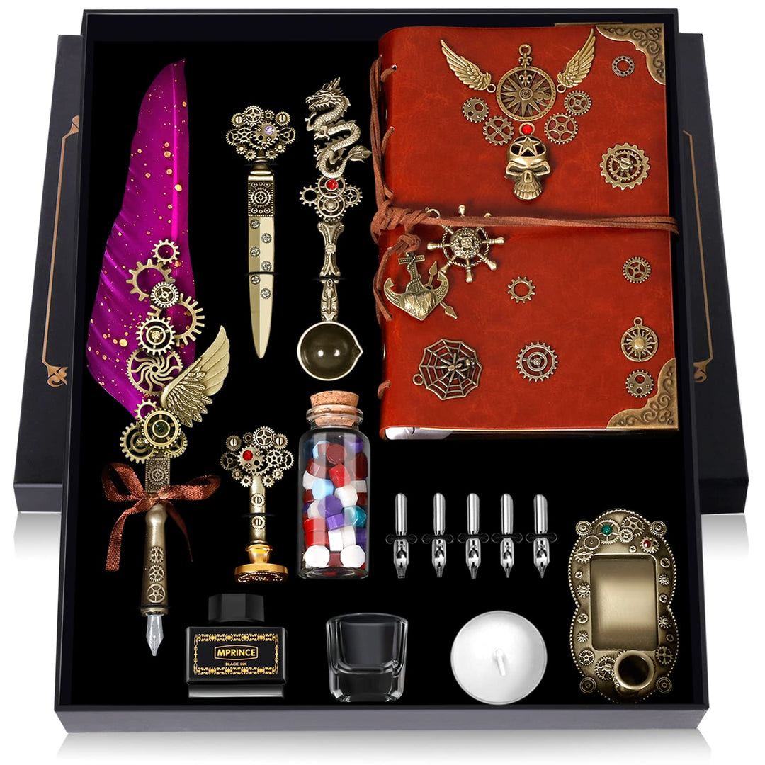 MPRINCE Schreibfeder Tinte Set Leder Notizbuch, Quill Stift Tinte Set mit Quill Stift, Notizbuch, 5