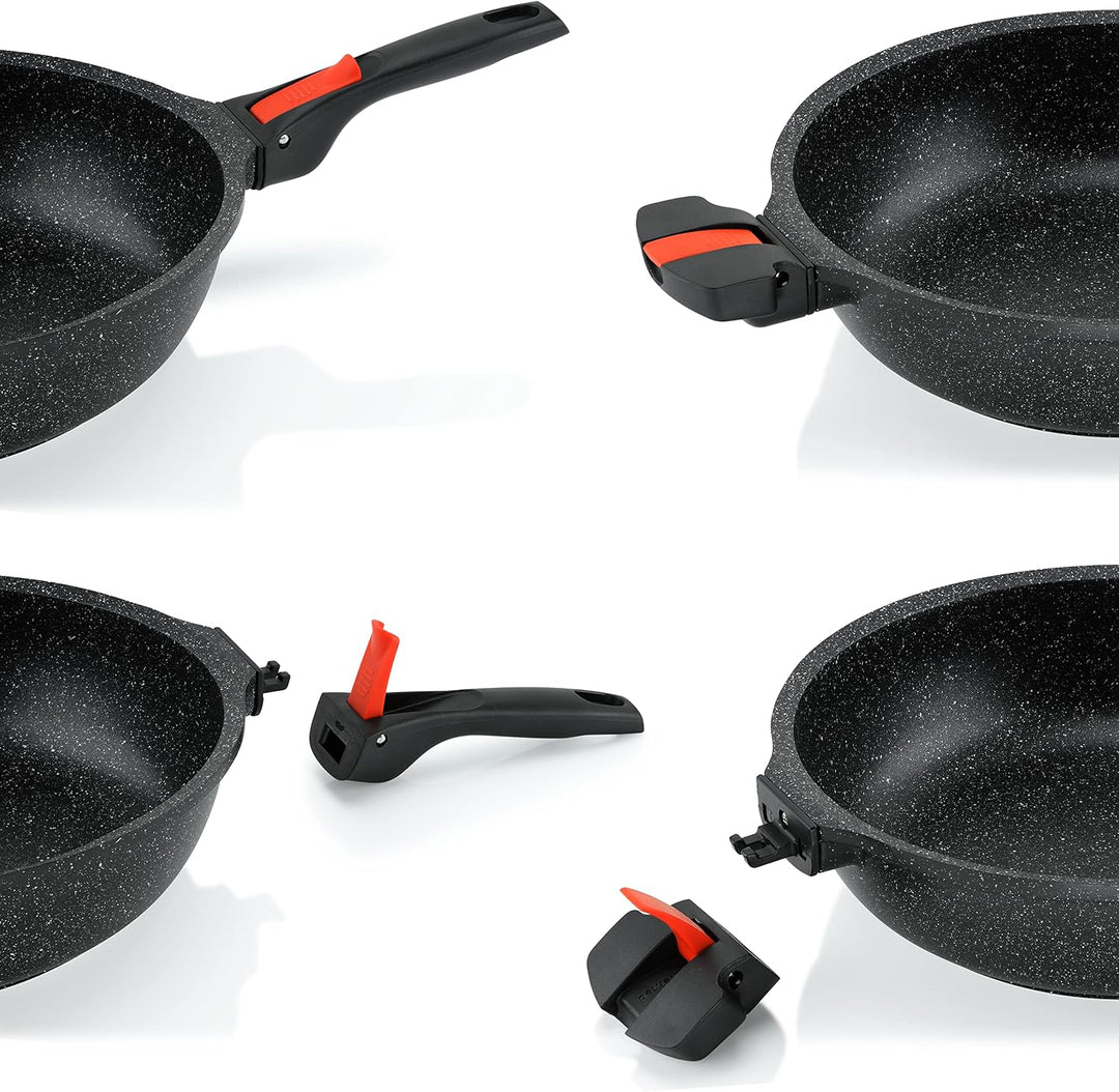 Linnuo Schmorpfanne Bratpfanne 24 cm hoher Rand, Aluguss Pfanne mit Deckel 24cm, abnehmbare Griffe,