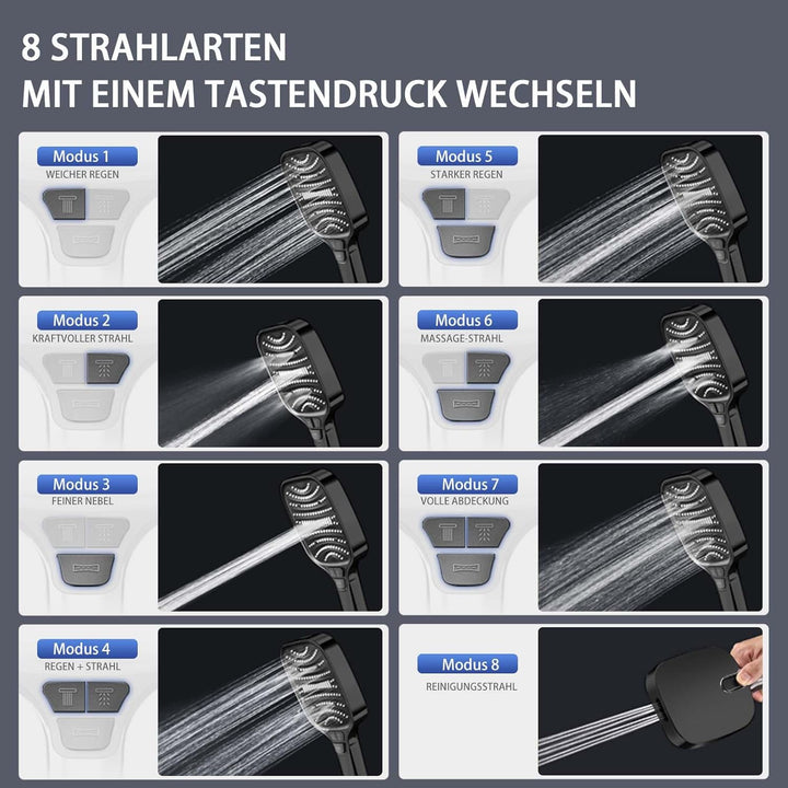 Duschkopf mit 8 Strahlarten &amp; Stoppfunktion – Grosse Regendusche Handbrause, wassersparende Duschbra