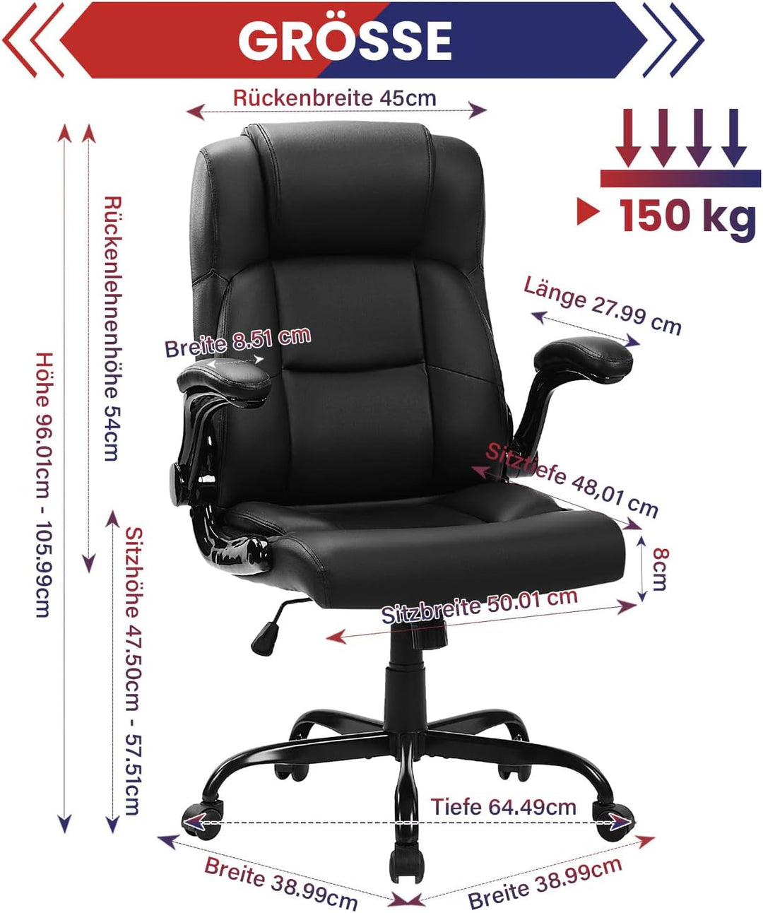 Bosmiller Ergonomischer Bürostuhl 150KG Verstellbare Schreibtischstuhl PU Leder Office Chair für Bür