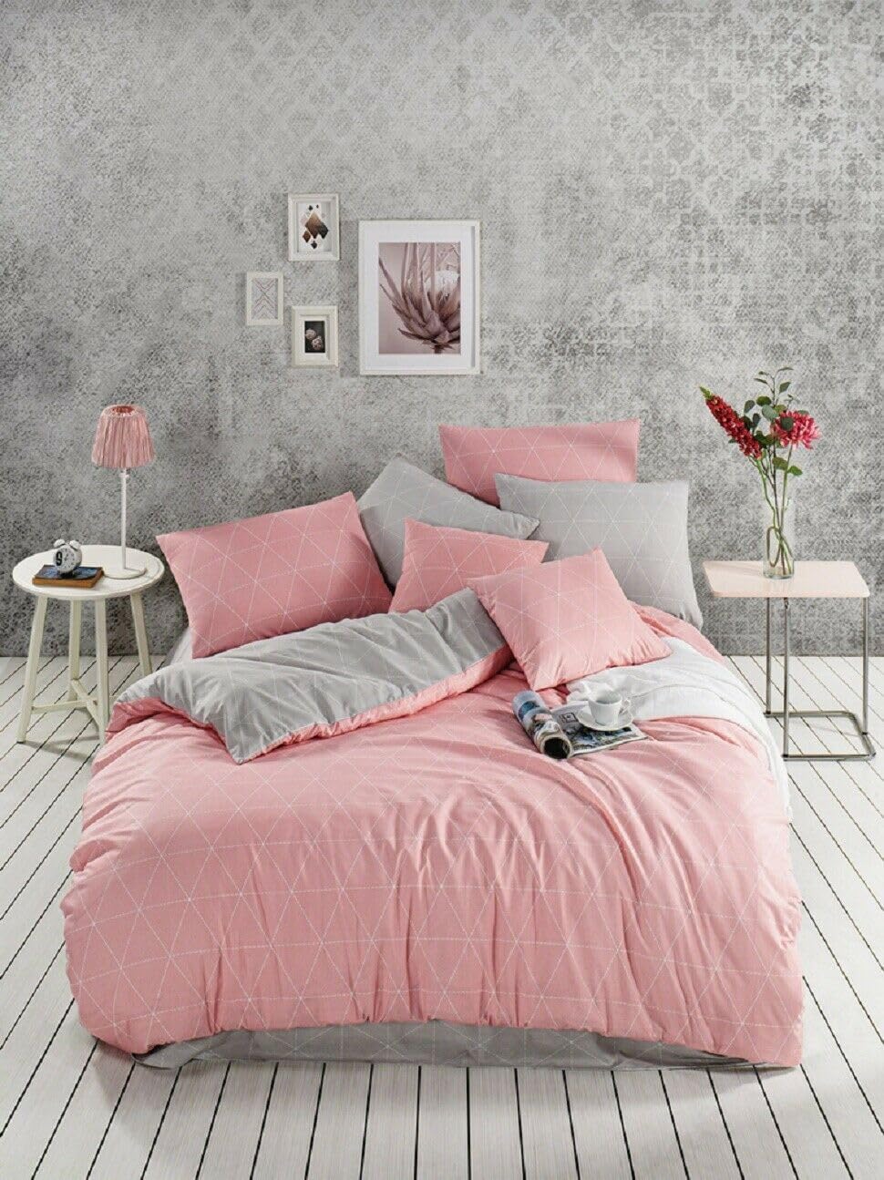 Renforce Bettwäsche 155x220 cm Baumwolle 4tlg Raute Rosa Grau Wendebettwäsche Garnitur Set 155 x 220