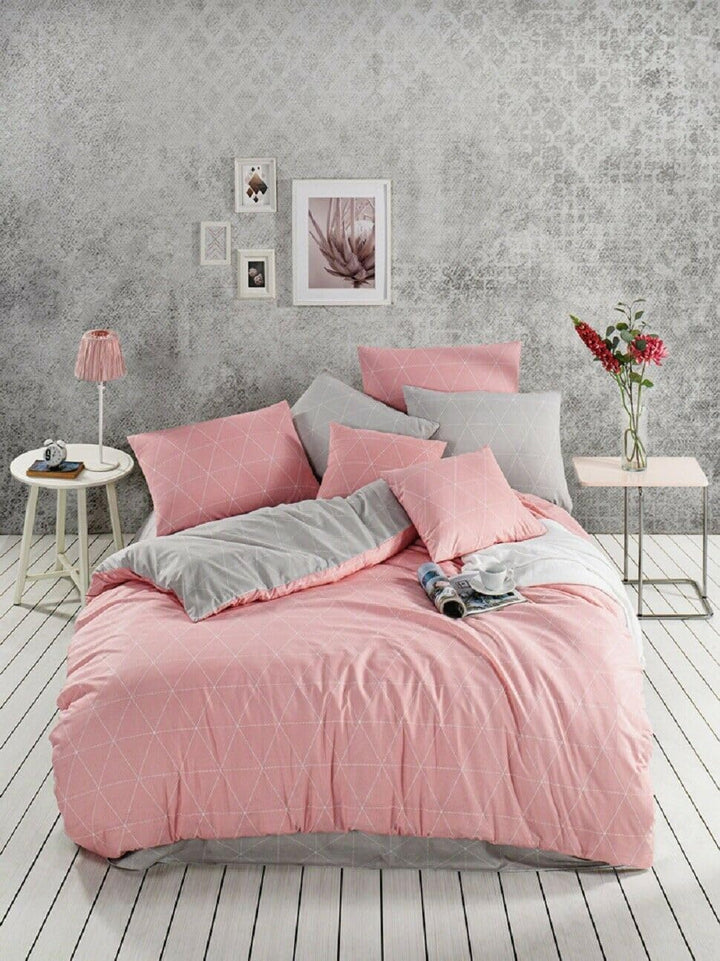 Renforce Bettwäsche 155x220 cm Baumwolle 4tlg Raute Rosa Grau Wendebettwäsche Garnitur Set 155 x 220