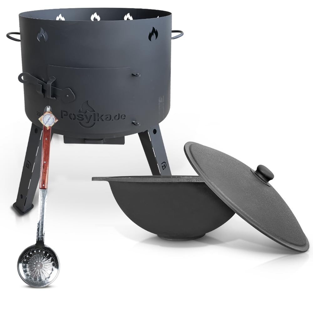 Utschak Feuerofen Ø 49 cm mit Gusseisen Topf flacher Boden mit Deckel (22 L) KazanoFF, Uchag Schauml