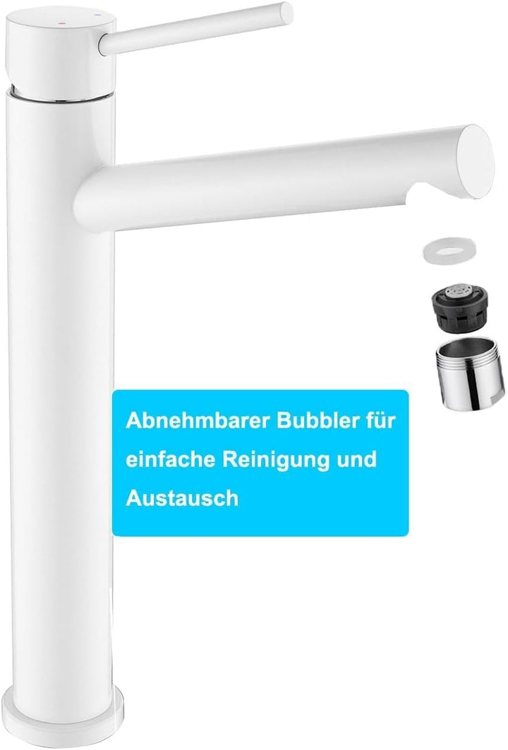 Hoch Waschtischarmatur Weiss, Wasserhahn Bad Hohe Armatur für Aufsatzwaschbecken, Waschbecken Armatu