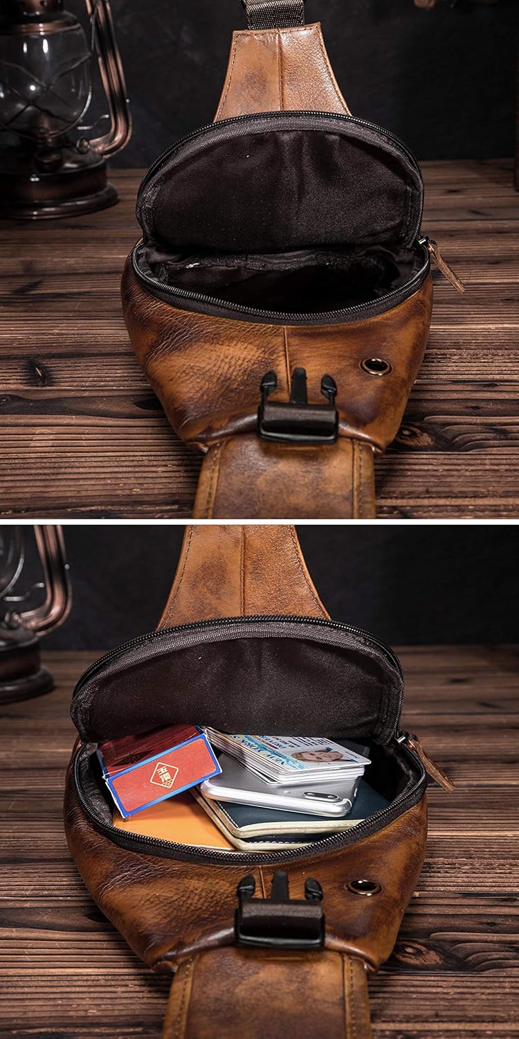 Le'aokuu Herren Echtes Leder Brusttasche Umhängetasche Sport Outdoor Messenger Bag Wanderrucksäcke 8