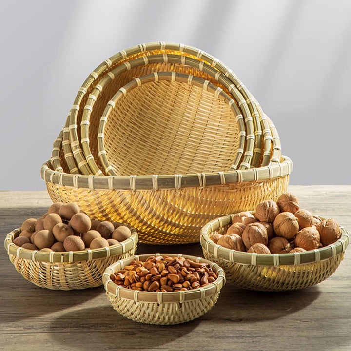 Happyyami 3Pcs Bambuskorb Tablett Flach Flacher Korb Gewebtes Obstkorb Dekorative Rattan Tablett für