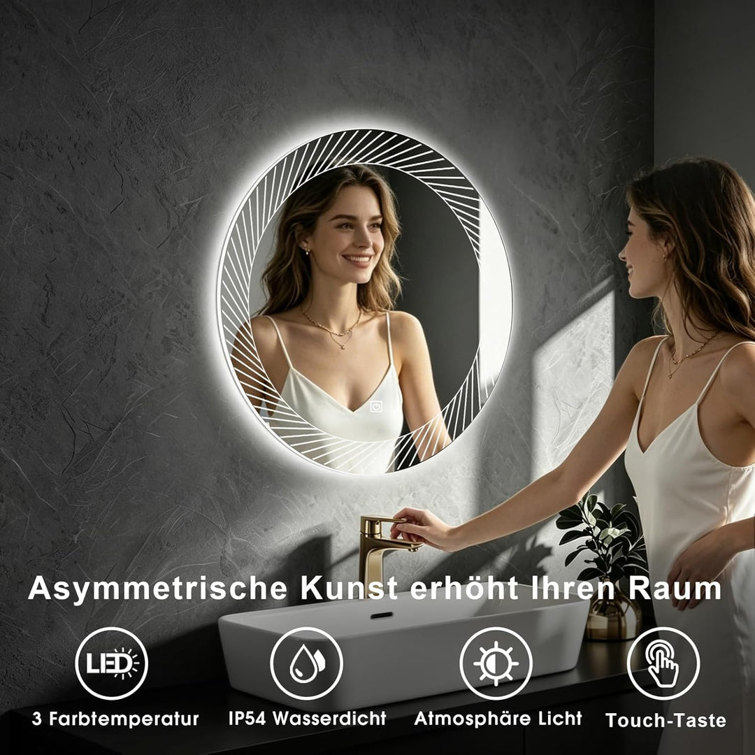 Rund Badezimmer Wandspiegel, Badspiegel Mit Beleuchtung, 50cm Spiegel mit LED Linienmuster Licht, To