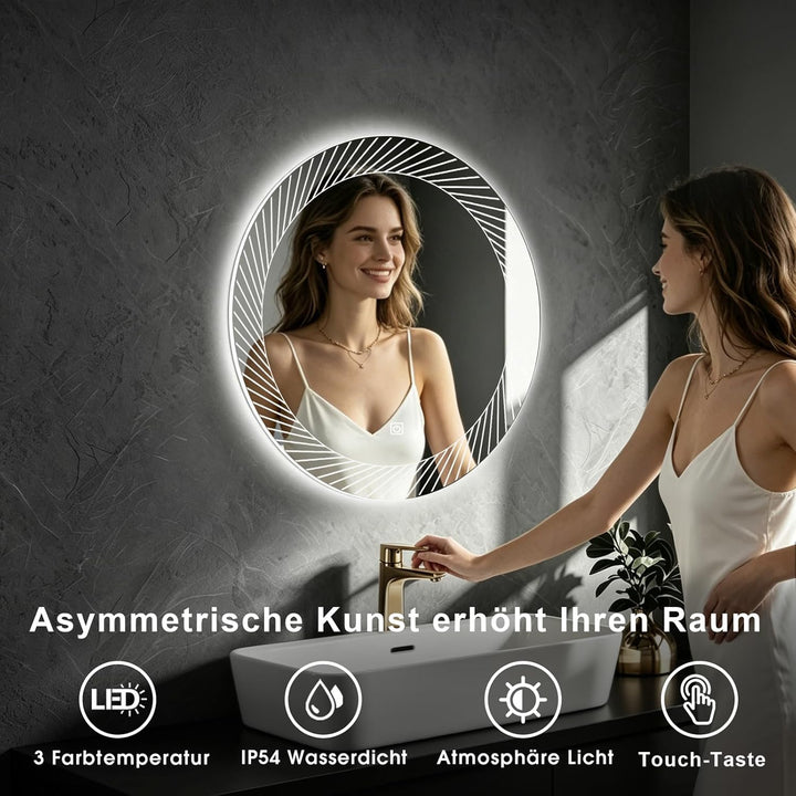 Rund Badezimmer Wandspiegel, Badspiegel Mit Beleuchtung, 50cm Spiegel mit LED Linienmuster Licht, To
