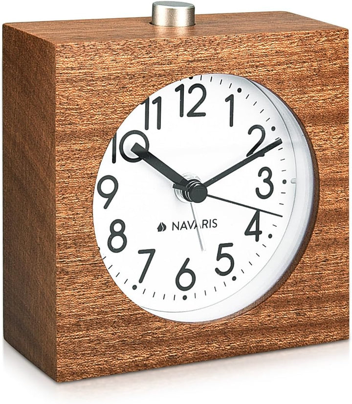 Navaris Analog Holz Wecker mit Snooze - Retro Uhr im Viereck Design mit Ziffernblatt Alarm - Leise T