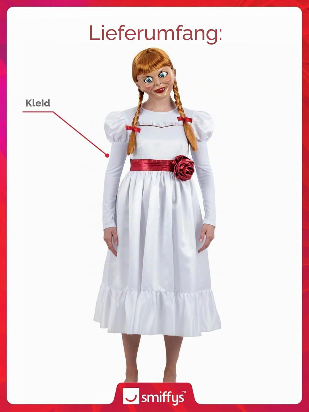 Smiffys Annabelle Kostüm für Erwachsene, Haunting White Dress with Flower Belt, Officially Licensed