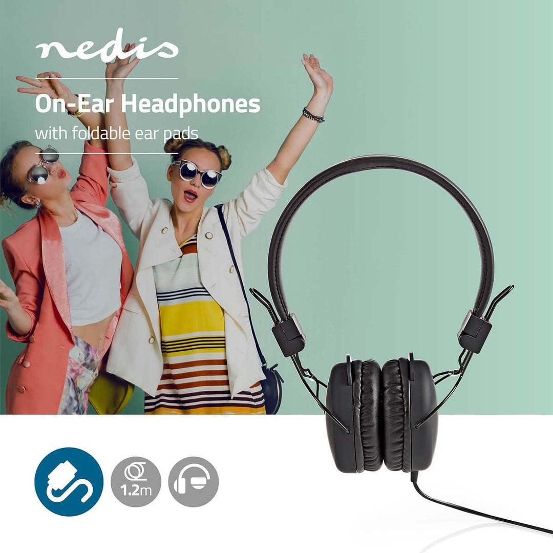 Nedis HPWD1100BK Kabelgebundene Kopfhörer | On-Ear | Faltbar | 1,2-m-Rundkabel | Schwarz