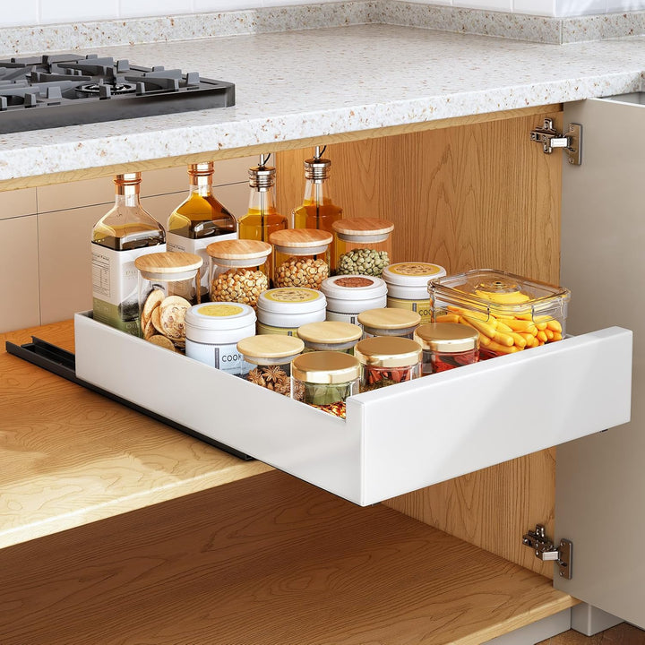 SAYZH Teleskopschublade, Ausziehbare Schubladen-Aufbewahrungsregale für Küchenschränke, Ausziehbare
