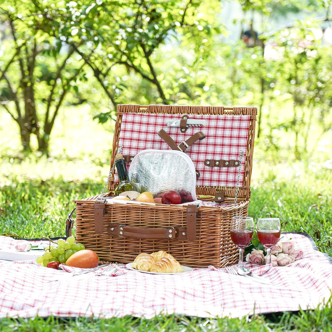 Weiden-Picknickkorb-Set für 2 Personen mit wasserdichter Picknickdecke und grossem isoliertem Kühlfa
