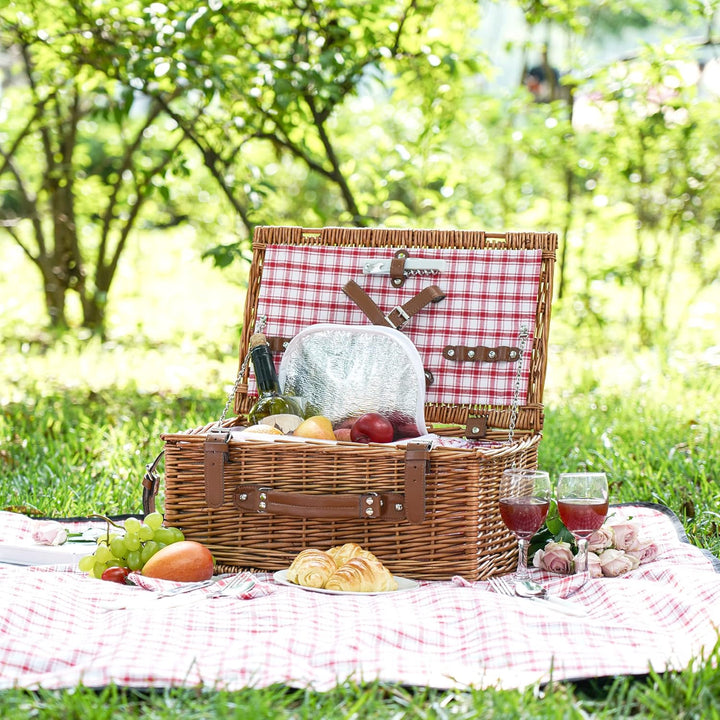 Weiden-Picknickkorb-Set für 2 Personen mit wasserdichter Picknickdecke und grossem isoliertem Kühlfa