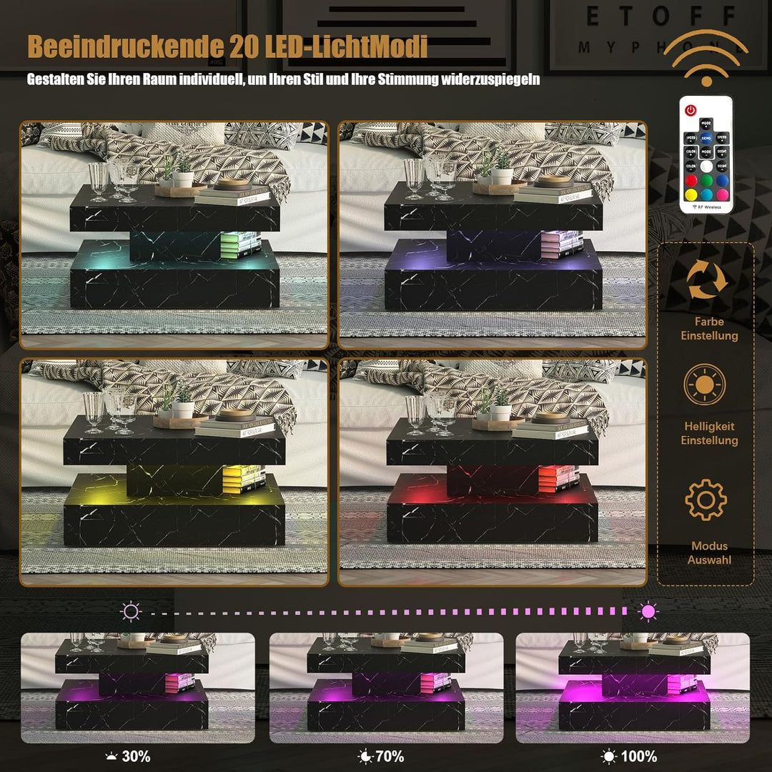KEEPREAPER Couchtisch LED, Wohnzimmertisch mit 2 Schubladen für Wohnzimmer 78 x 78 x 40cm (Schwarz M