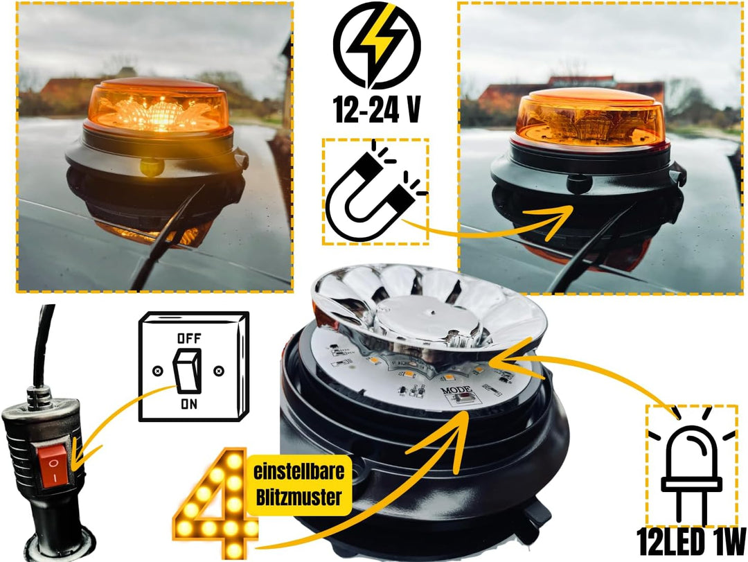 LED Rundumleuchte 4 Blitzmuster 12V 24V ECE R65 R10 E9 Magnet f. PKW LKW Traktor Magnet 2 Stücke set