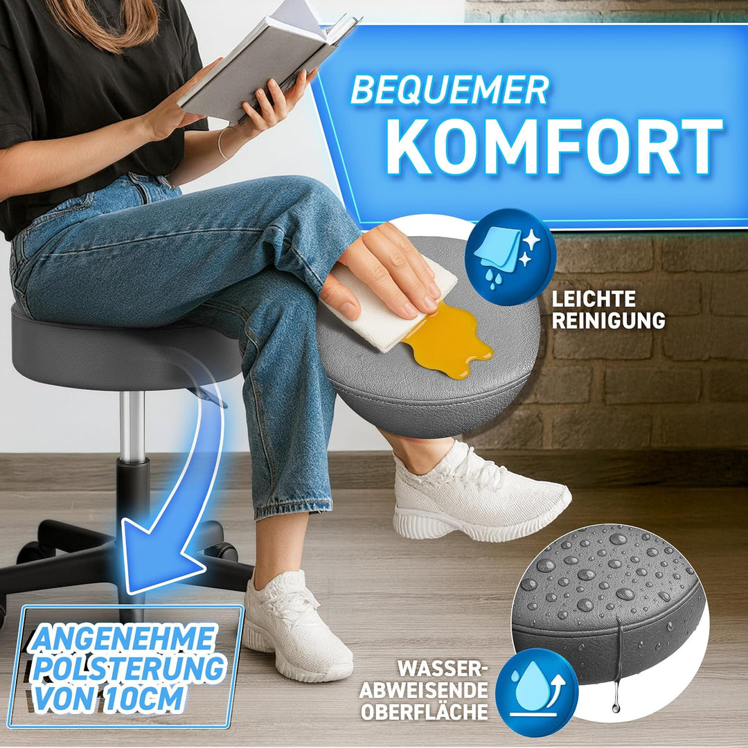 TRESKO® Rollhocker höhenverstellbar 10 cm Dicke Polsterung bis 150 kg | Hocker 47-60cm | Arbeitshock