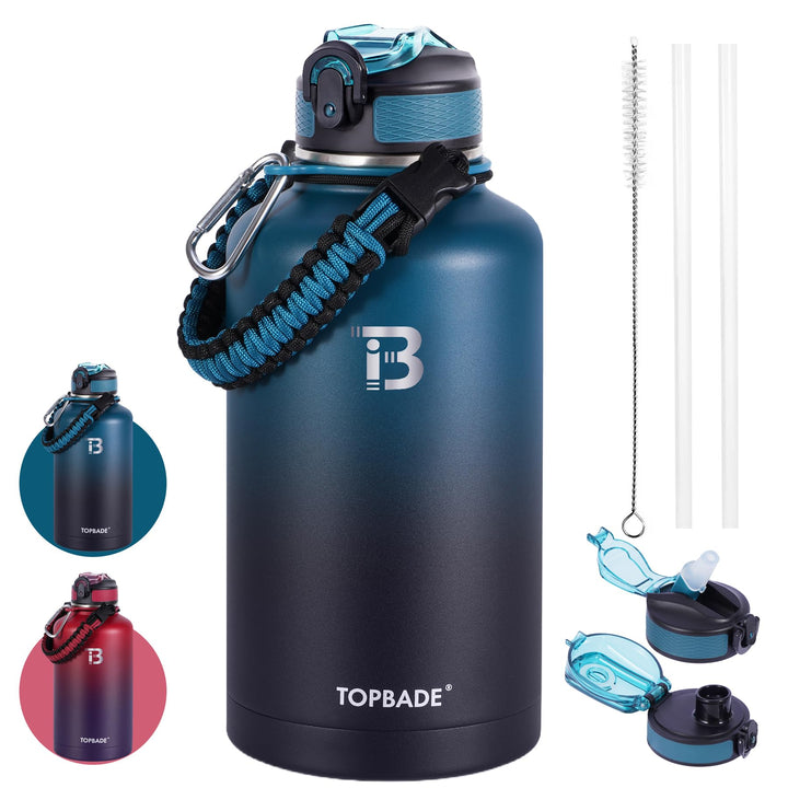 TOPBADE Edelstahl Trinkflasche 1,9 Liter, Isolierte Wasserflasche mit 2 Deckel (Strohhalm & no Stroh