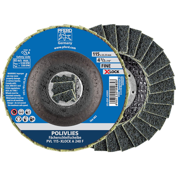 PFERD POLIVLIES-Fächerscheibe, 5 Stück, 115mm, A240, fein, X-LOCK (22,23 mm), 44694203 – für schnell