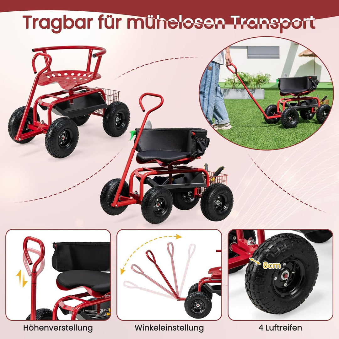 GOPLUS Rollsitz, Mobiler Gartensitz mit Griff, Höhenverstellbarer drehbarer Arbeitssitz mit Rückenle
