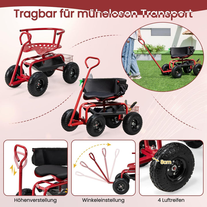 GOPLUS Rollsitz, Mobiler Gartensitz mit Griff, Höhenverstellbarer drehbarer Arbeitssitz mit Rückenle